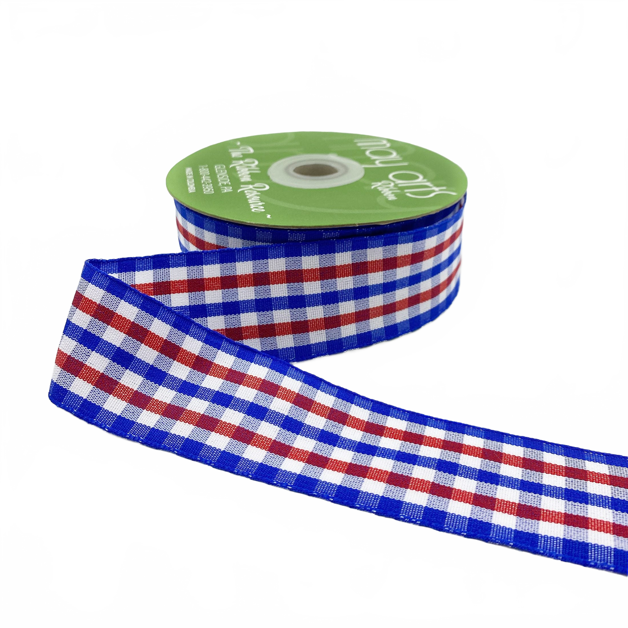 1.5 Inch Checkered Gingham Red/White/Blue Ribbon With Woven Edge