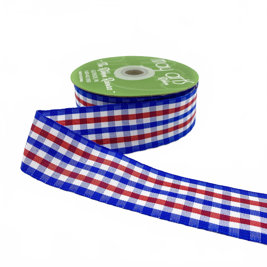 1.5 Inch Checkered Gingham Red/White/Blue Ribbon With Woven Edge
