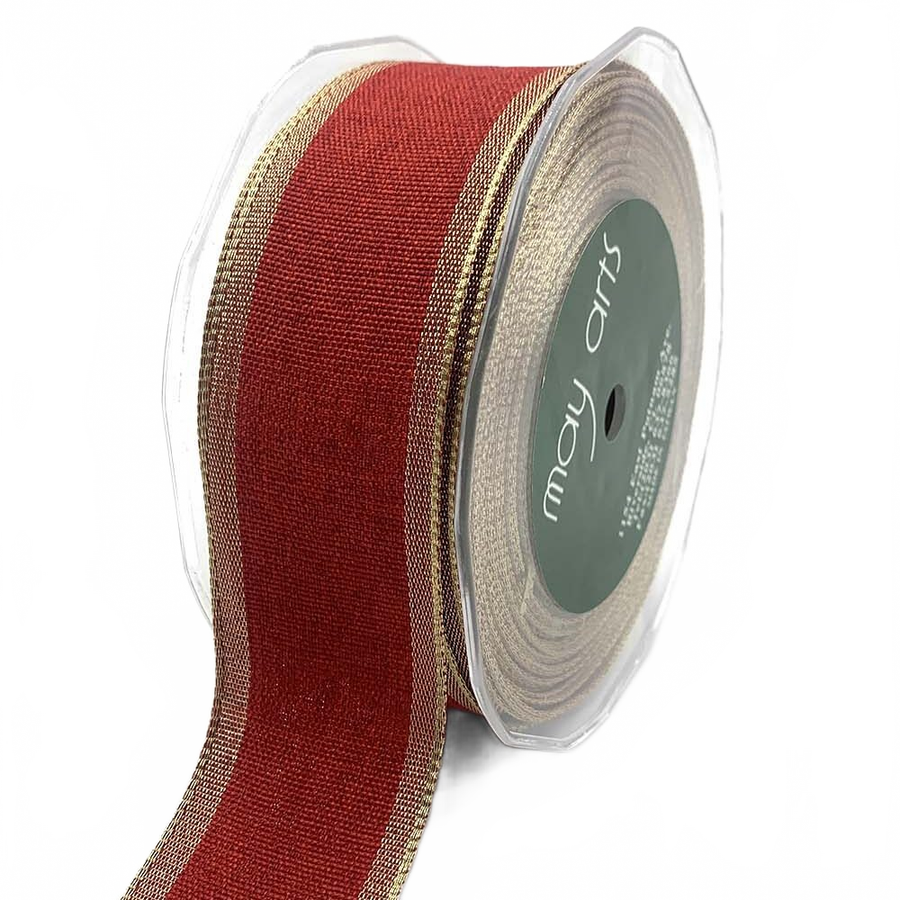 1.5 Inch Woven Chambray Lined Red/Gold Metallic Edge Ribbon