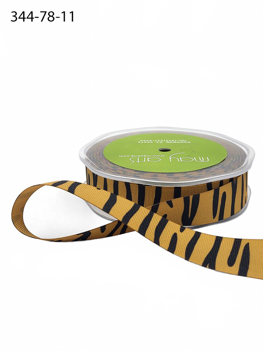 7/8 Inch Tiger Grosgrain With Animal Print Ribbon With Woven Edge