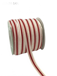 3/8 Inch Solid Color Band Ivory/Red Ribbon With Natural Woven Stitched Edge