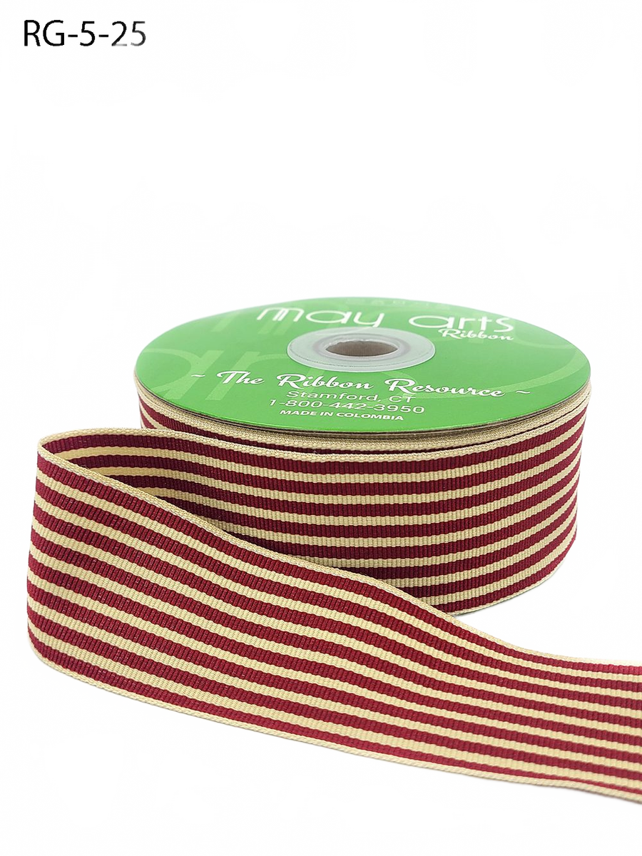 1.5 Inch Woven Burgundy/Oatmeal Stripes Grosgrain Stripe Ribbon With Woven Edge