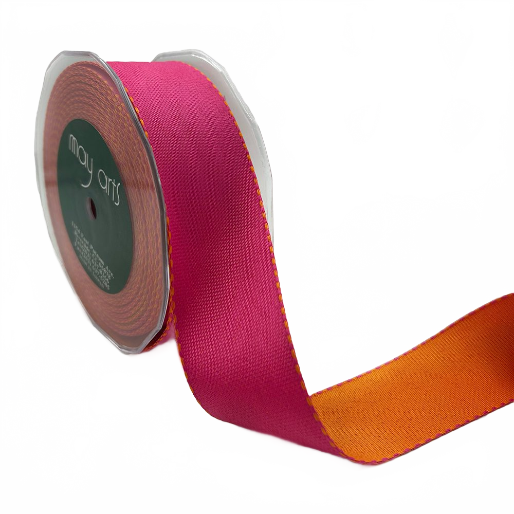 1.5 Inch Heavier-Weight (Higher Thread Count) Two-Color Reversible Orange/Pink Grosgrain Ribbon With Woven Edge
