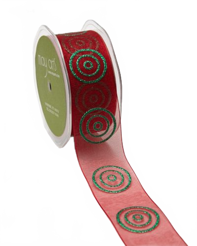 1.5 Inch Red/Green Sheer With Glitter Bullseye Circles Ribbon With Woven Edge