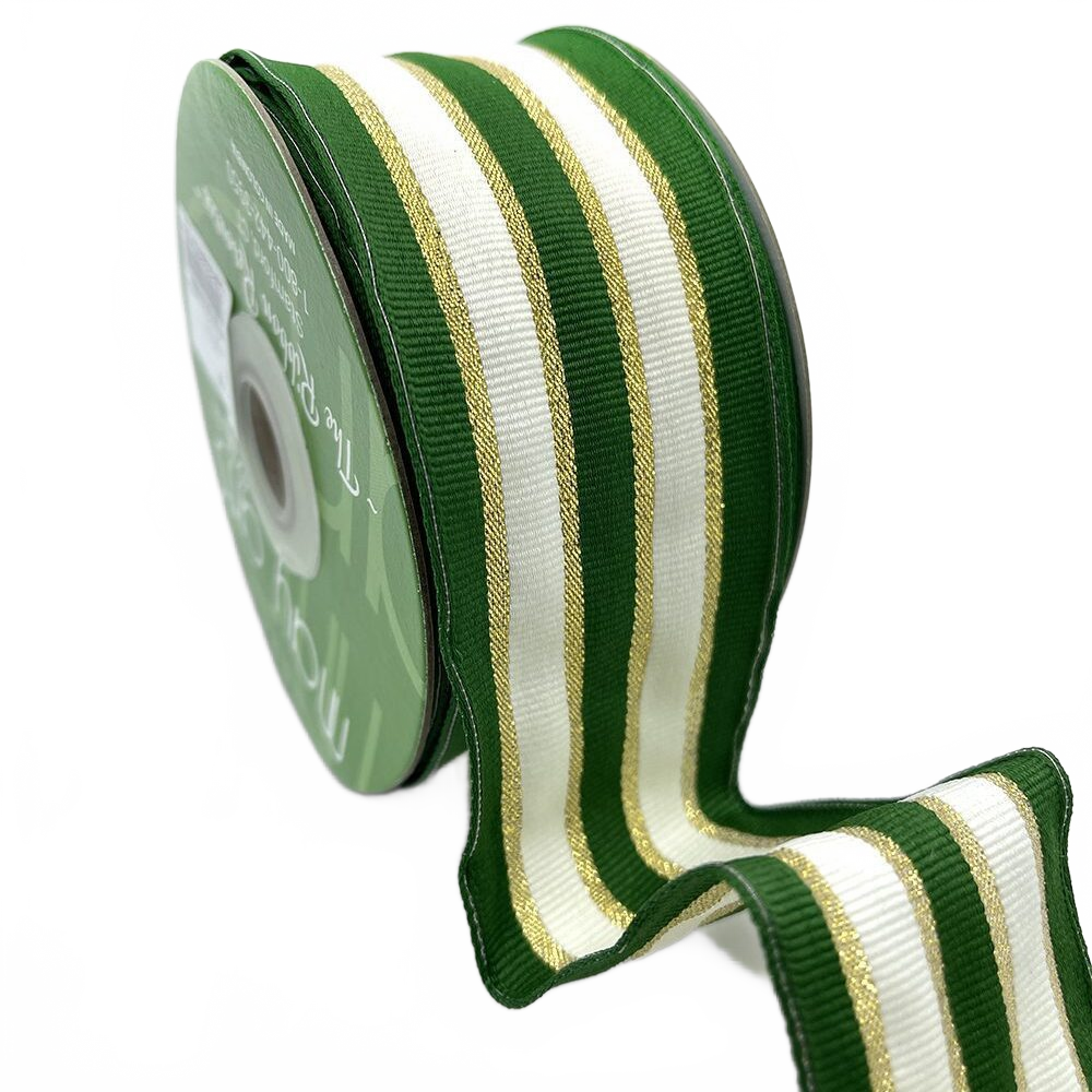 ~2 Inch (50Mm) Woven Green/Ivory/Gold Metallic Gold Stripe Wired Ribbon