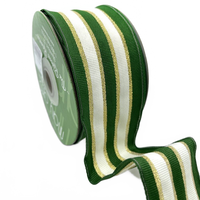 ~2 Inch (50Mm) Woven Green/Ivory/Gold Metallic Gold Stripe Wired Ribbon