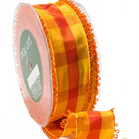 1.5 Inch Looped Picot Edge Plaid Orange/Yellow/Red Ribbon