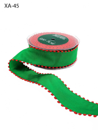 1.5 Inch Green/Red Taffeta Ribbon With Pom Pom Wired Edge