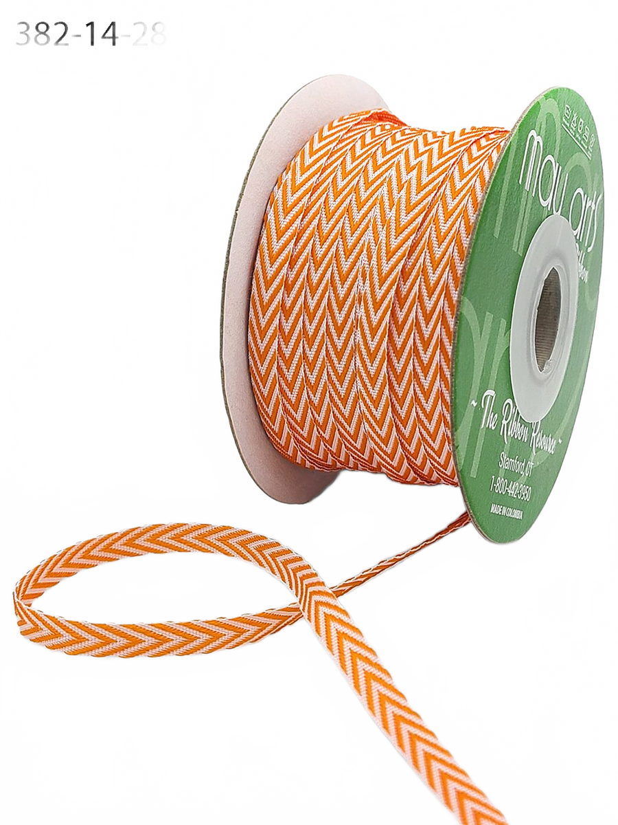 1/4 Inch Orange Twill Chevron Stripe Ribbon With Woven Edge