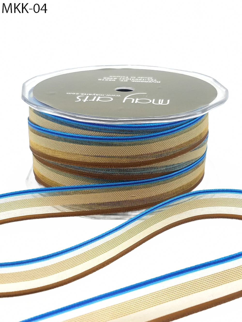 1/2 Inch Sheer/Stripes Blue/Antique Gold/Brown Ribbon