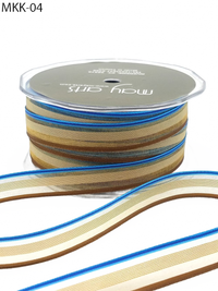 1/2 Inch Sheer/Stripes Blue/Antique Gold/Brown Ribbon