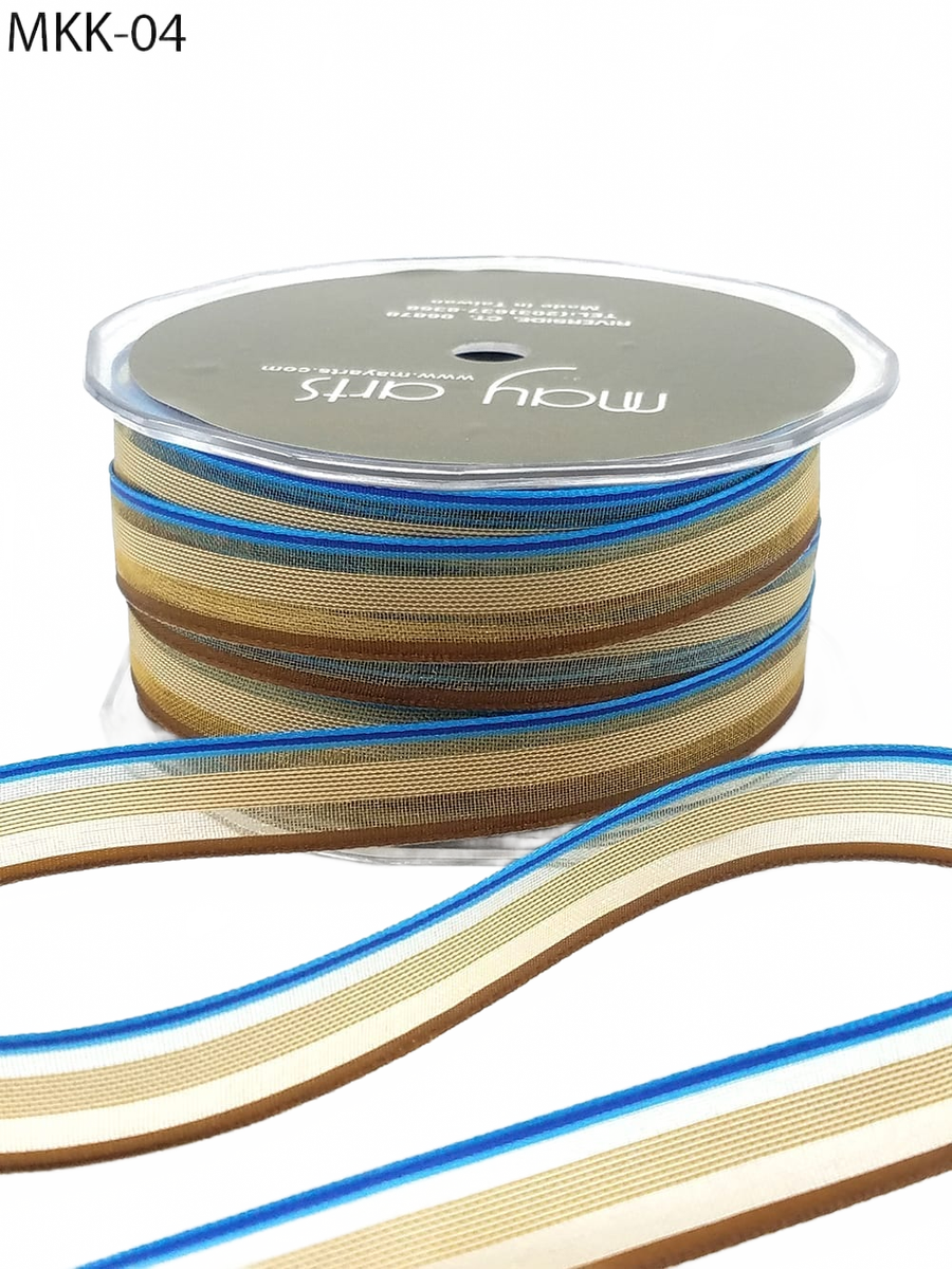 1/2 Inch Sheer/Stripes Blue/Antique Gold/Brown Ribbon