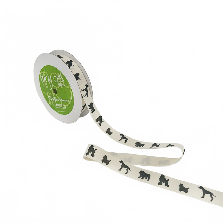 3/4 Inch Ivory Dog Silhouette Canvas Printed Ribbon With Woven Edge