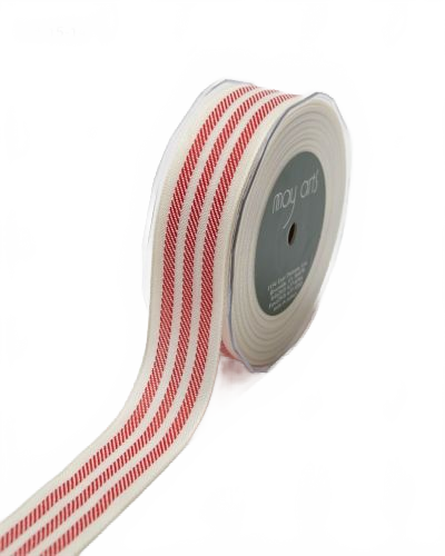 ~1.25 Inch Triple Woven Stripe Ivory/Red Ribbon With Woven Edge