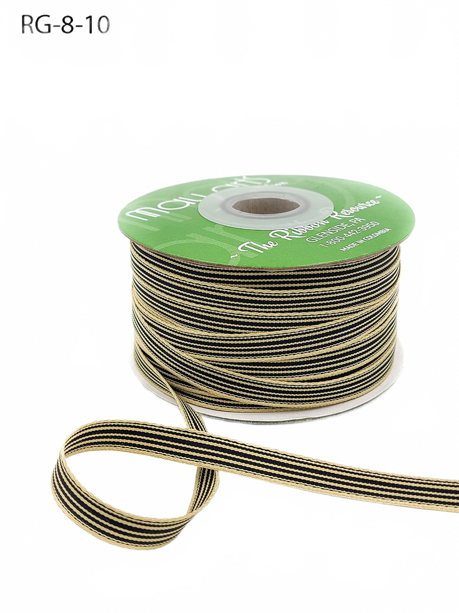 3/8 Inch Woven Black/Oatmeal Stripes Grosgrain Stripe Ribbon With Woven Edge