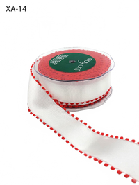 1.5 Inch White/Red Taffeta Ribbon With Pom Pom Wired Edge