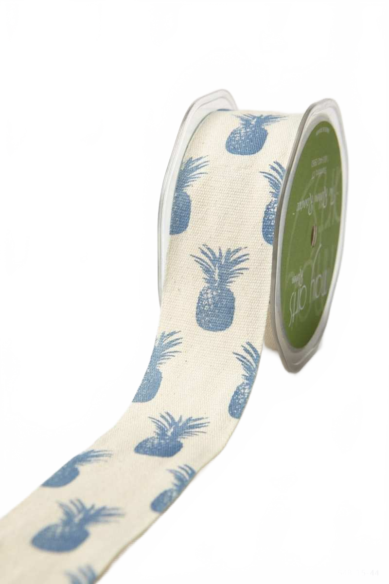 1.5 Inch Blue Pineapples Cotton Pineapple Print Ribbon With Woven Edge