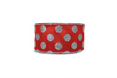 Ribbon Glitter Polka Dots 2.5" Red And Silver