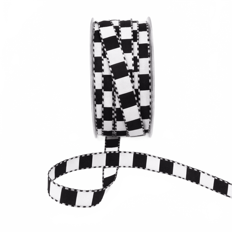1/2 Inch Multi-Color Checkered Black/White Ribbon With Woven Stitched Edge