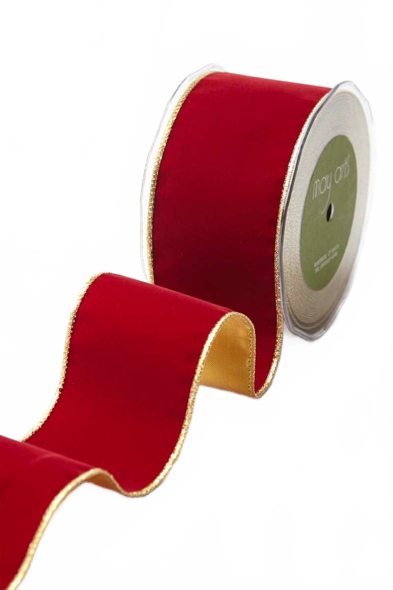 2.5 Inch Dark Red Velvet Gold Back Ribbon With Wired Edge