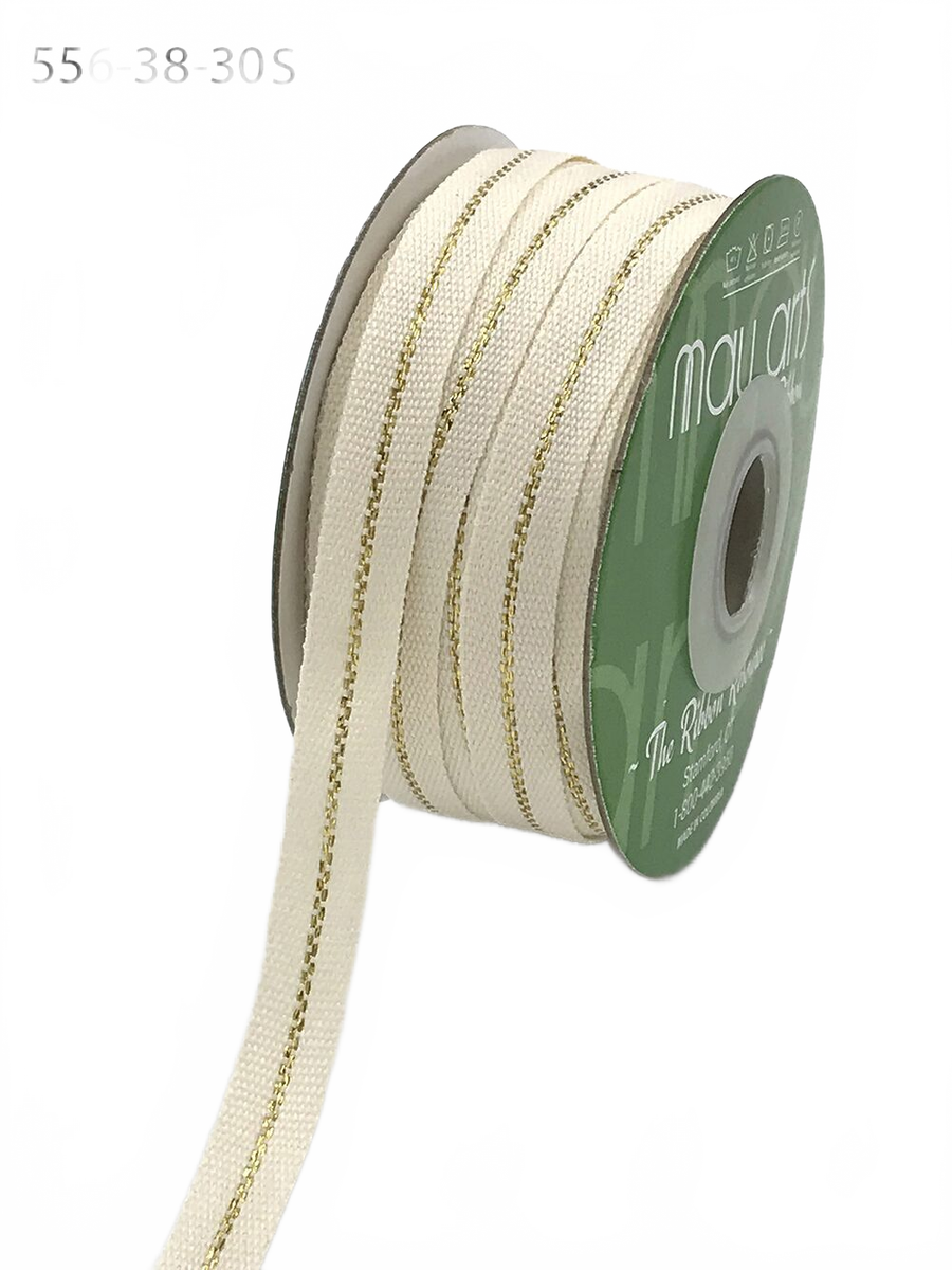 3/8 Inch Canvas With Woven Natural/Gold Metallic Center Line Ribbon With Woven Edge