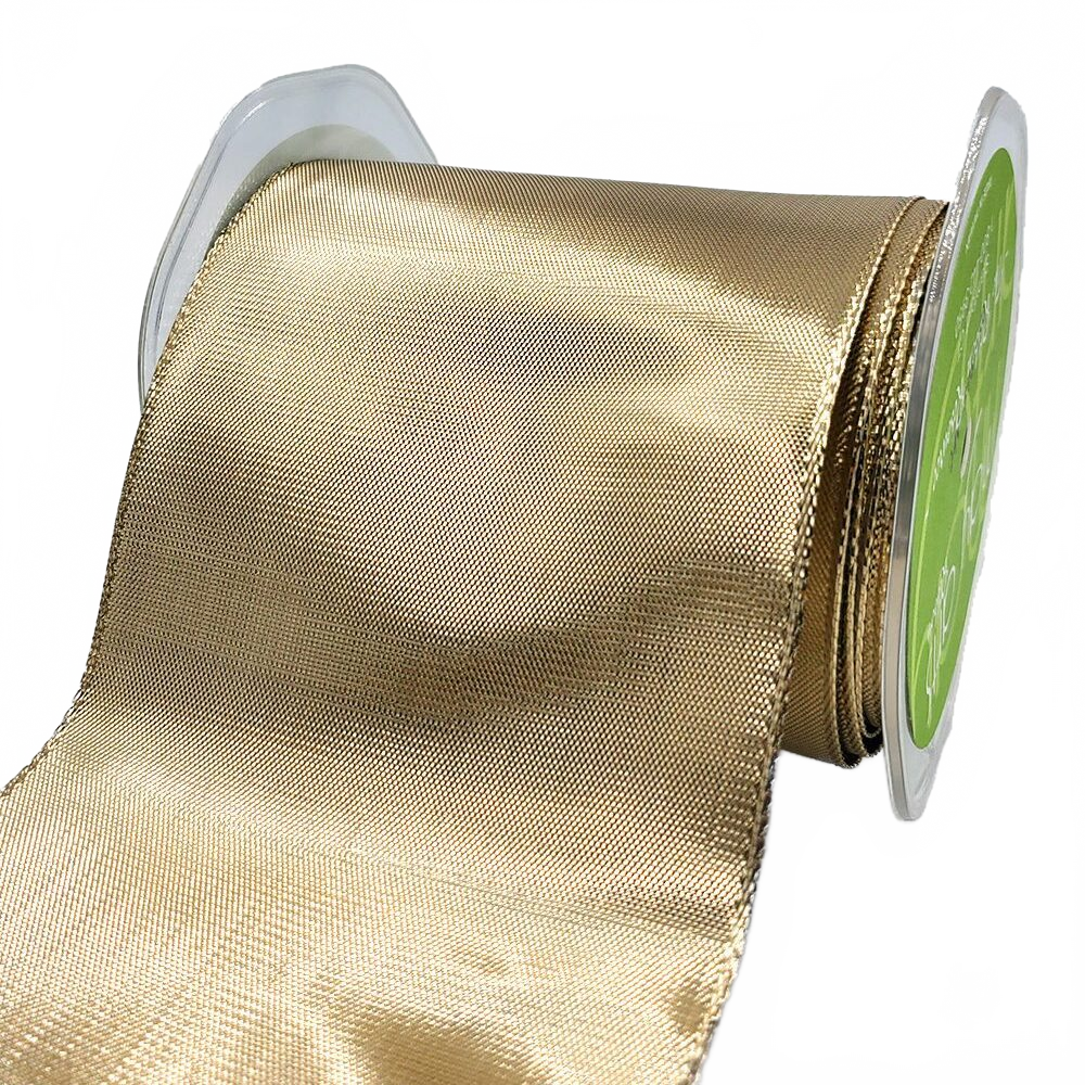 3¾ Inch Woven Champagne Metallic Shimmer Wired Edge Ribbon