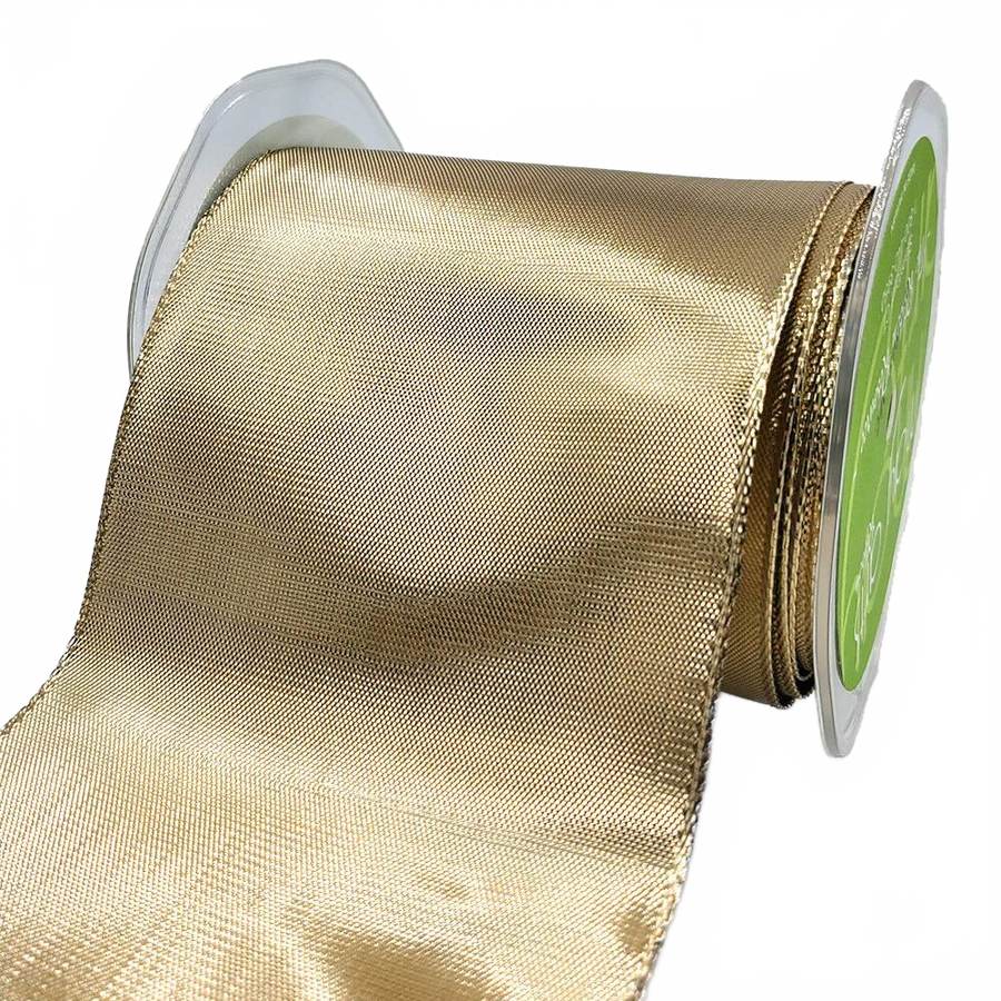 3¾ Inch Woven Champagne Metallic Shimmer Wired Edge Ribbon
