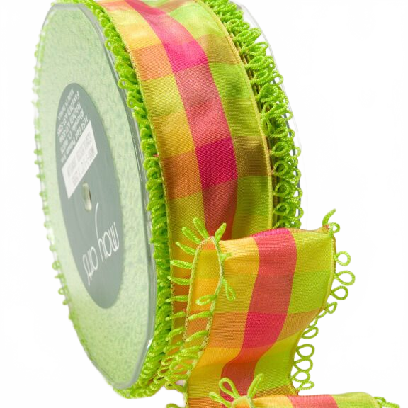 1.5 Inch Looped Picot Edge Plaid Parrot Green/Pink/Yellow Ribbon