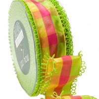 1.5 Inch Looped Picot Edge Plaid Parrot Green/Pink/Yellow Ribbon