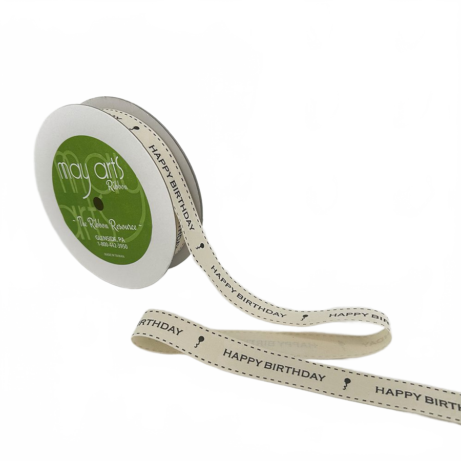 3/4 Inch Ivory Happy Birthday Canvas Printed Ribbon With Woven Edge