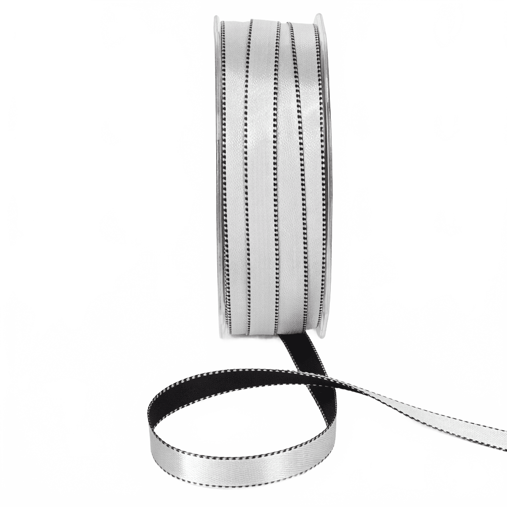 3/8 Inch Two-Color Reversible Black/Silver Satin With Woven Stitched Edge