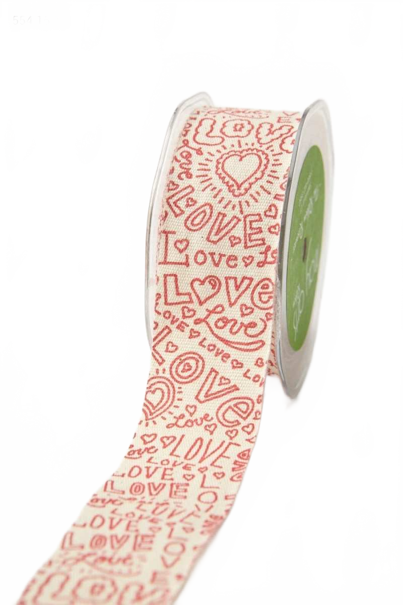 1.5 Inch 100% Ivory/Red Love Cotton Doodle Love Ribbon With Woven Edge