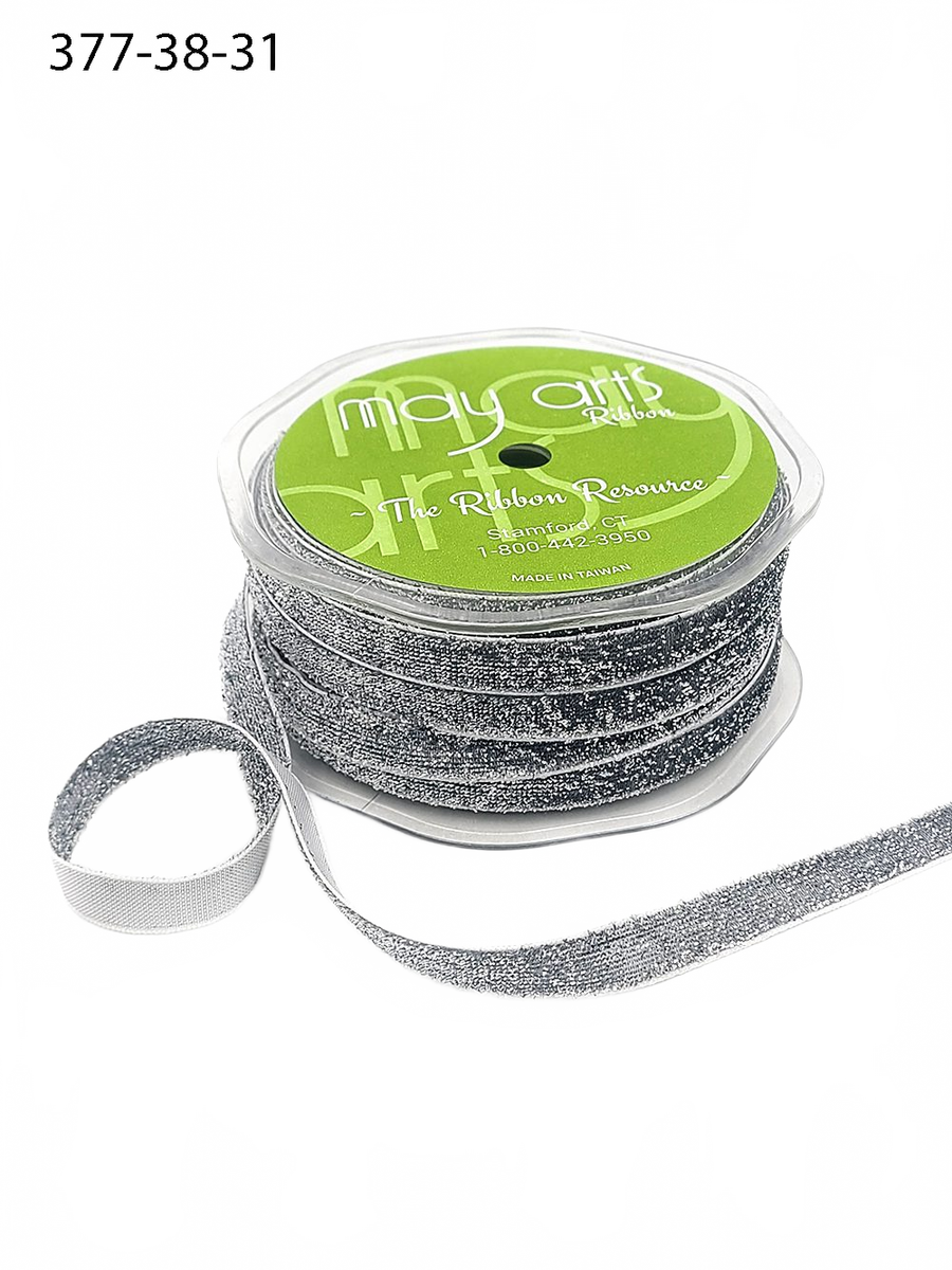3/8 Inch Woven Metallic Silver Velvet Ribbon With Woven Edge