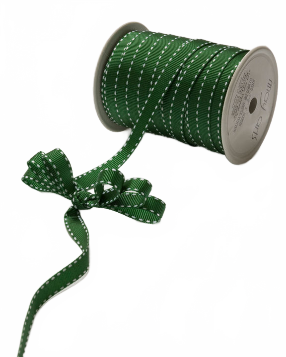 3/8 Inch Classic Green/White Stitch Grosgrain Ribbon With Woven Stitched Edge