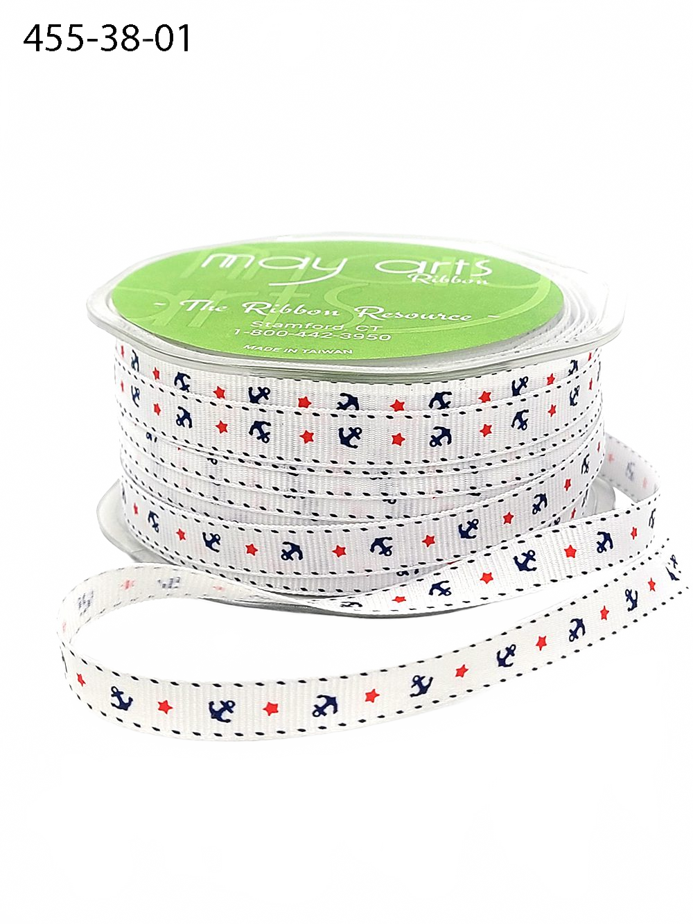 3/8 Inch White/Blue/Red Grosgrain Anchors And Stars Print Ribbon With Woven Edge