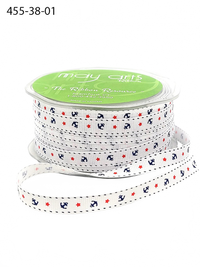 3/8 Inch White/Blue/Red Grosgrain Anchors And Stars Print Ribbon With Woven Edge