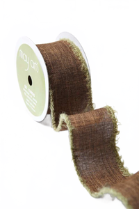 1.5 Inch Faux Brown/Green Linen Ribbon With Fuzzy Wired Edge