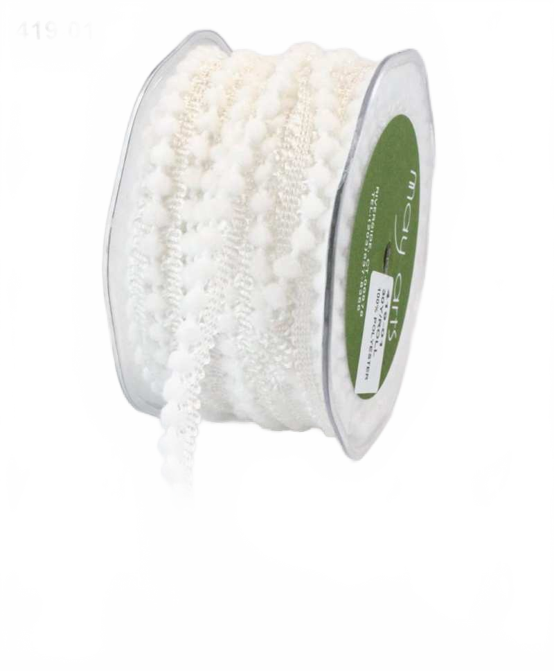 3/8 Inch Mini Pom Pom White Ribbon