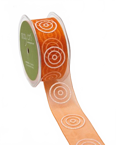 1.5 Inch Orange/White Sheer With Glitter Bullseye Circles Ribbon With Woven Edge