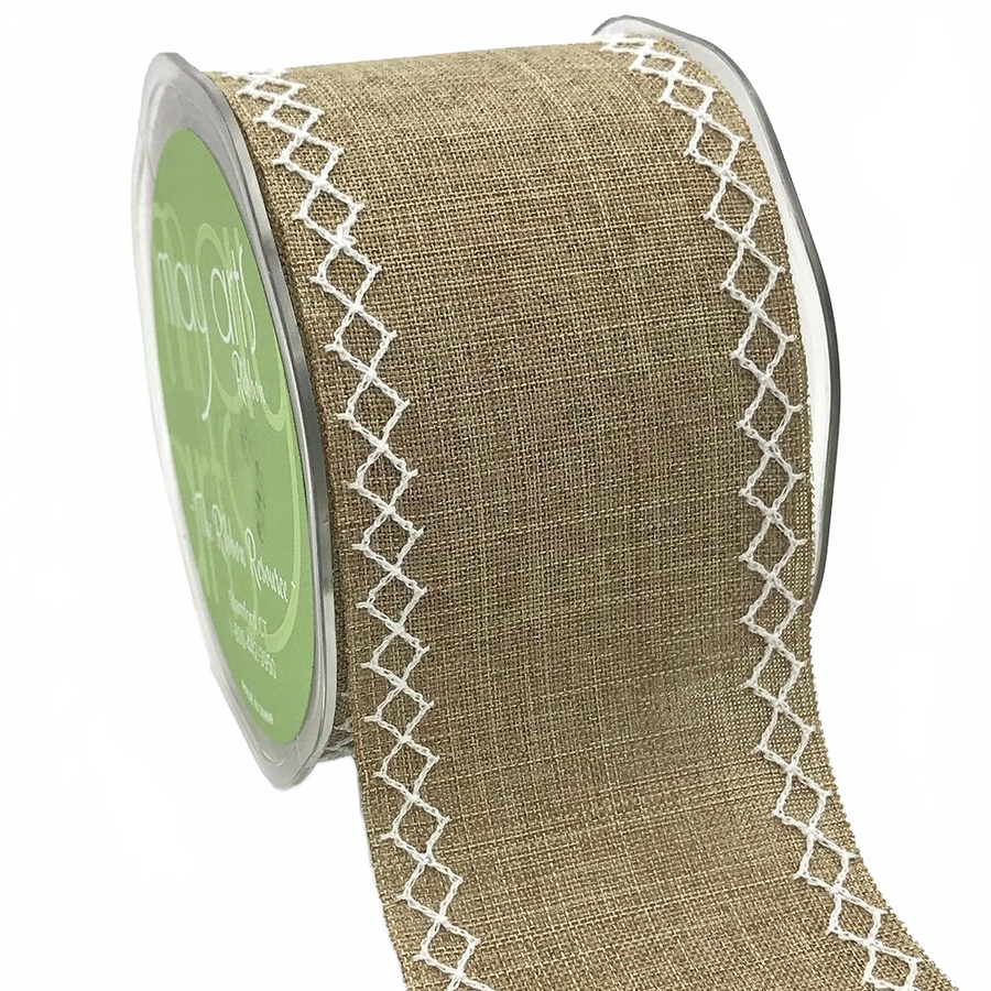 2.5 Inch White Diamond Stitch Natural Canvas Ribbon With Cut Edge