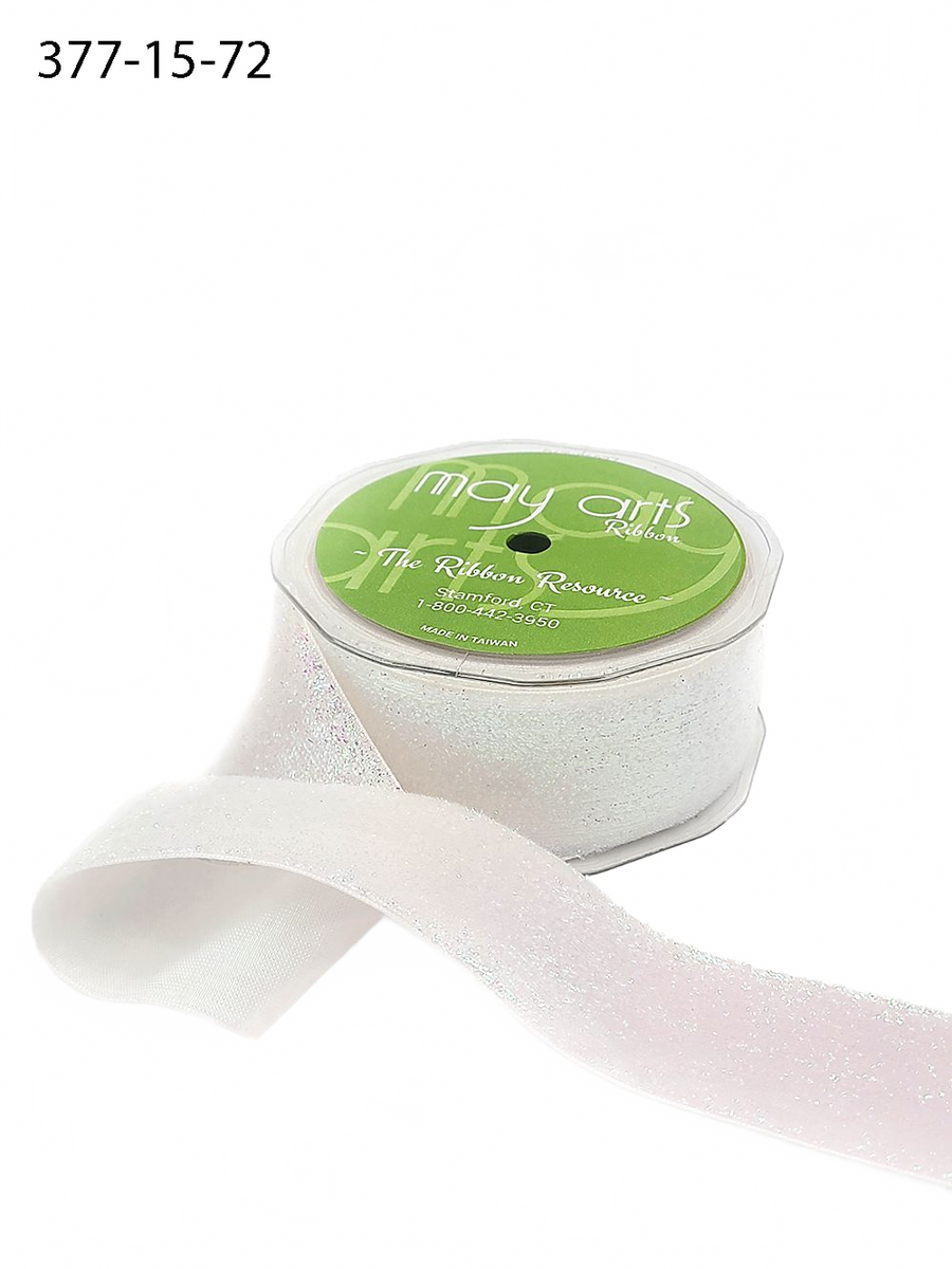 1.5 Inch Woven Metallic Iridescent White Velvet Ribbon With Woven Edge