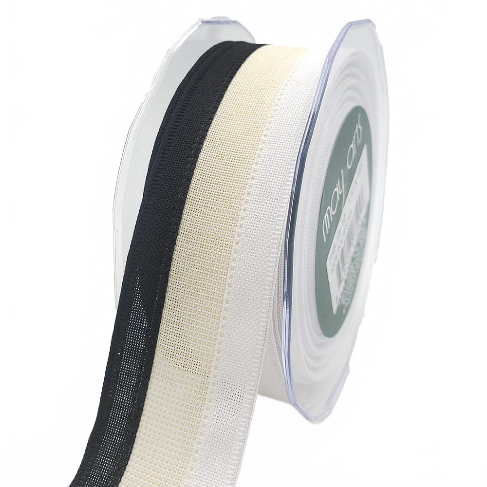 1.5 Inch Wired Tri-Color Faux White/Ivory/Black Linen Ribbon