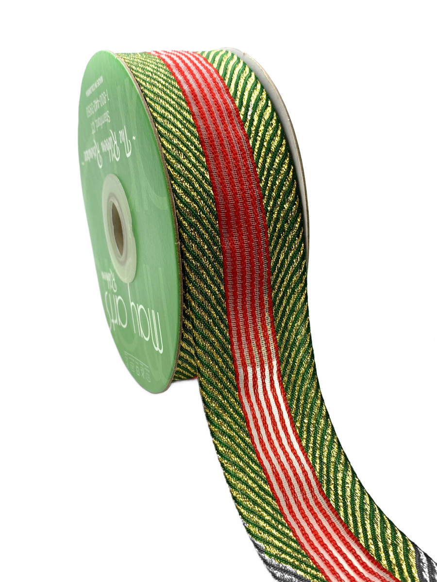 ~1.5 Inch (37Mm) Herringbone With Center Stripes Farmhouse Christmas Ribbon