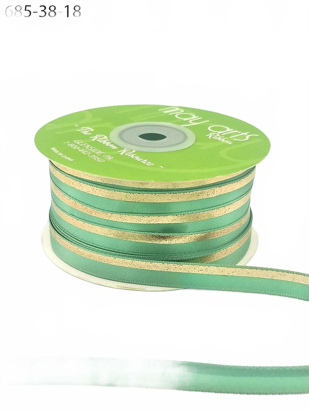 ~3/8″ Single Faced Satin Gold Celadon/Gold Foil Stripe Ribbon