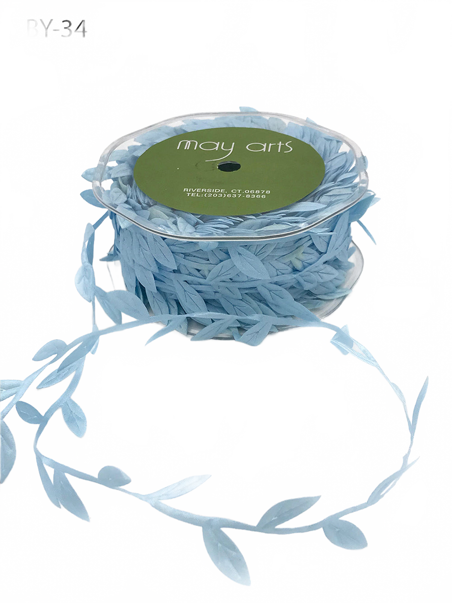 3/4 Inch Classic Leaves Light Blue Ribbon With Sealed Cut Edge