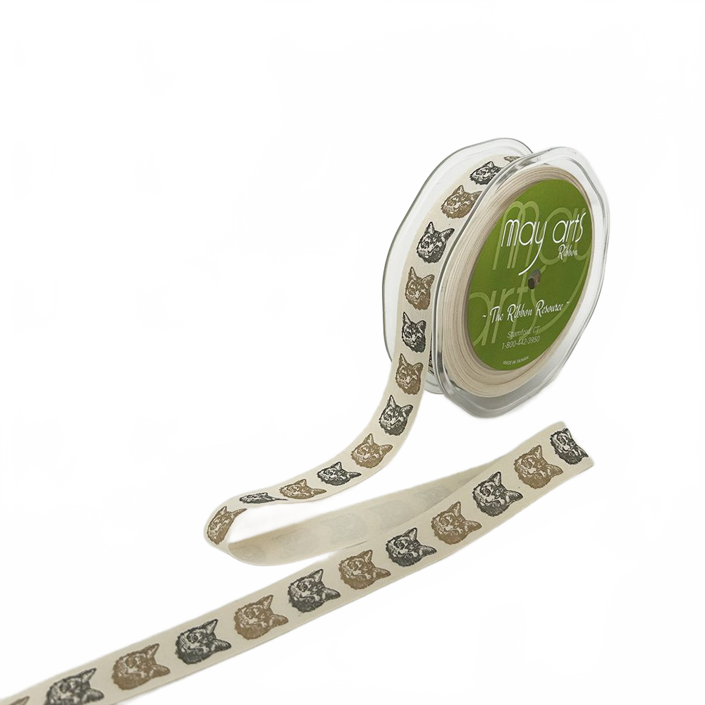 3/4 Inch Ivory Black/Brown Cat Canvas Printed Ribbon With Woven Edge