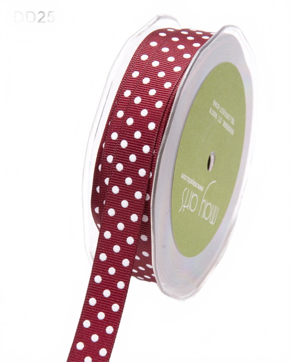 5/8 Inch Burgundy/White Dots Grosgrain Printed Dots Ribbon With Woven Edge