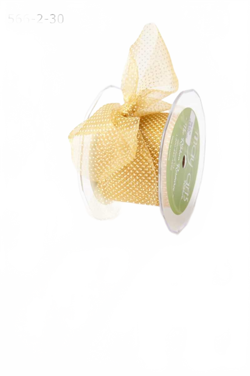 2 Inch Shimmer Gold/White Sheer Mini White Dot Ribbon With Cut Edge