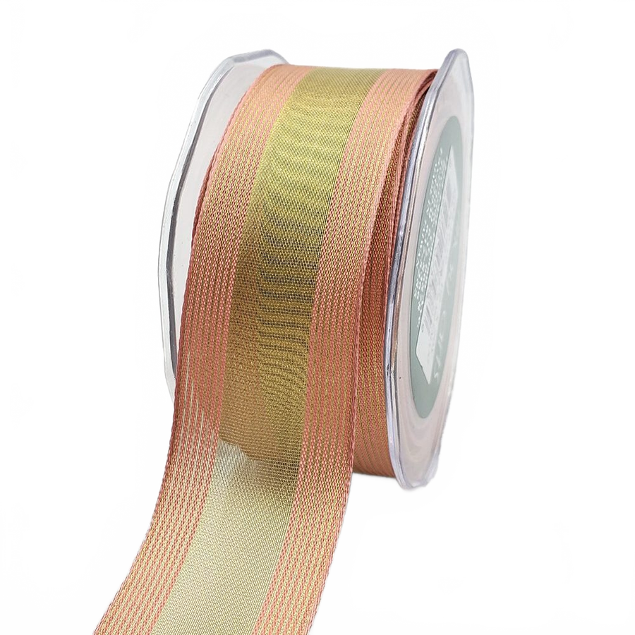 1.5 Inch Sheer Gold/Rose Metallic Stripes Wired Ribbon