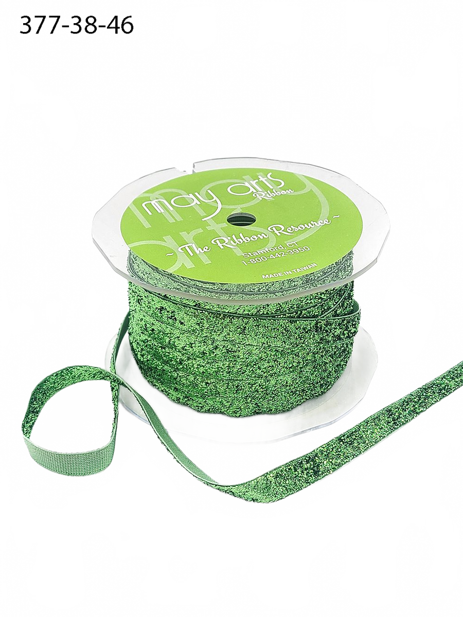 3/8 Inch Woven Metallic Parrot Green Velvet Ribbon With Woven Edge